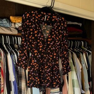 Free People Black Floral Romper with Orange & Lilac Blooms